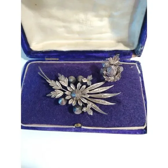 Victorian Antique Austrian Branch Brooch Ring Set Rose Cut Diamond Silver Leaf - Picture 1 of 16